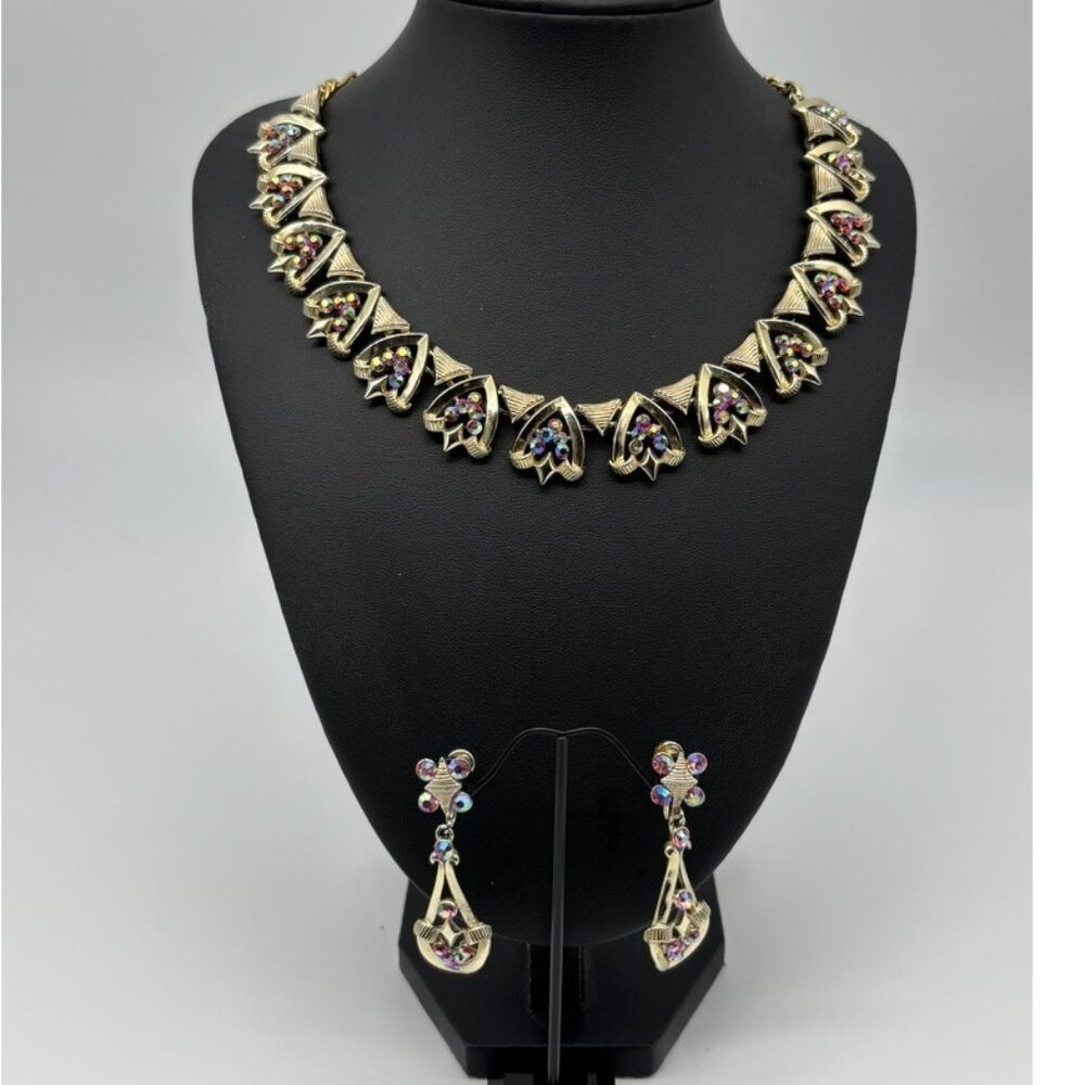 Vintage STAR Necklace & Earrings Set, Gold-Tone, w/Aurora Borealis Rhinestones--